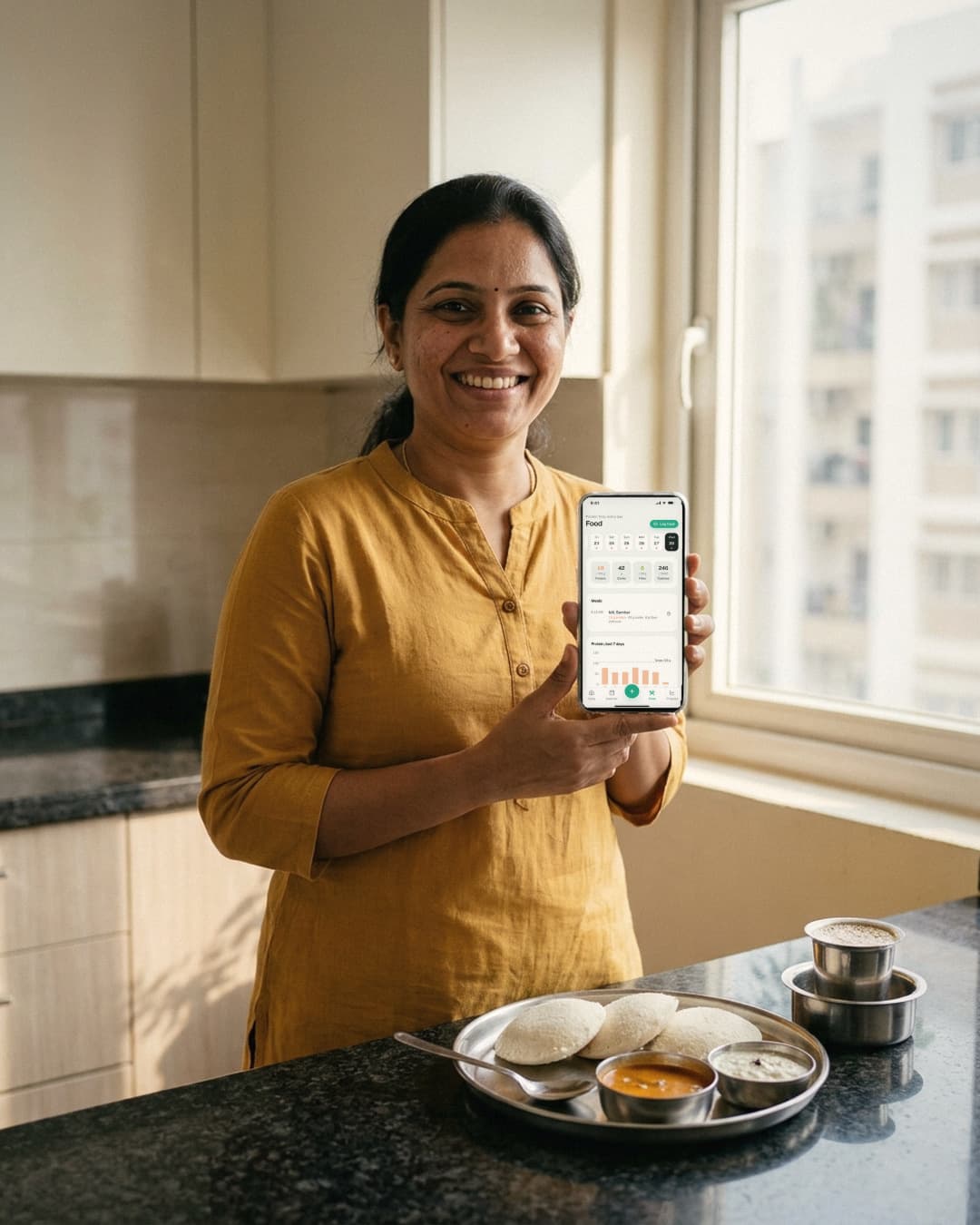 A smiling woman in a Hyderabad kitchen shows her phone with breakfast logged, beside a plate of idli and sambar.