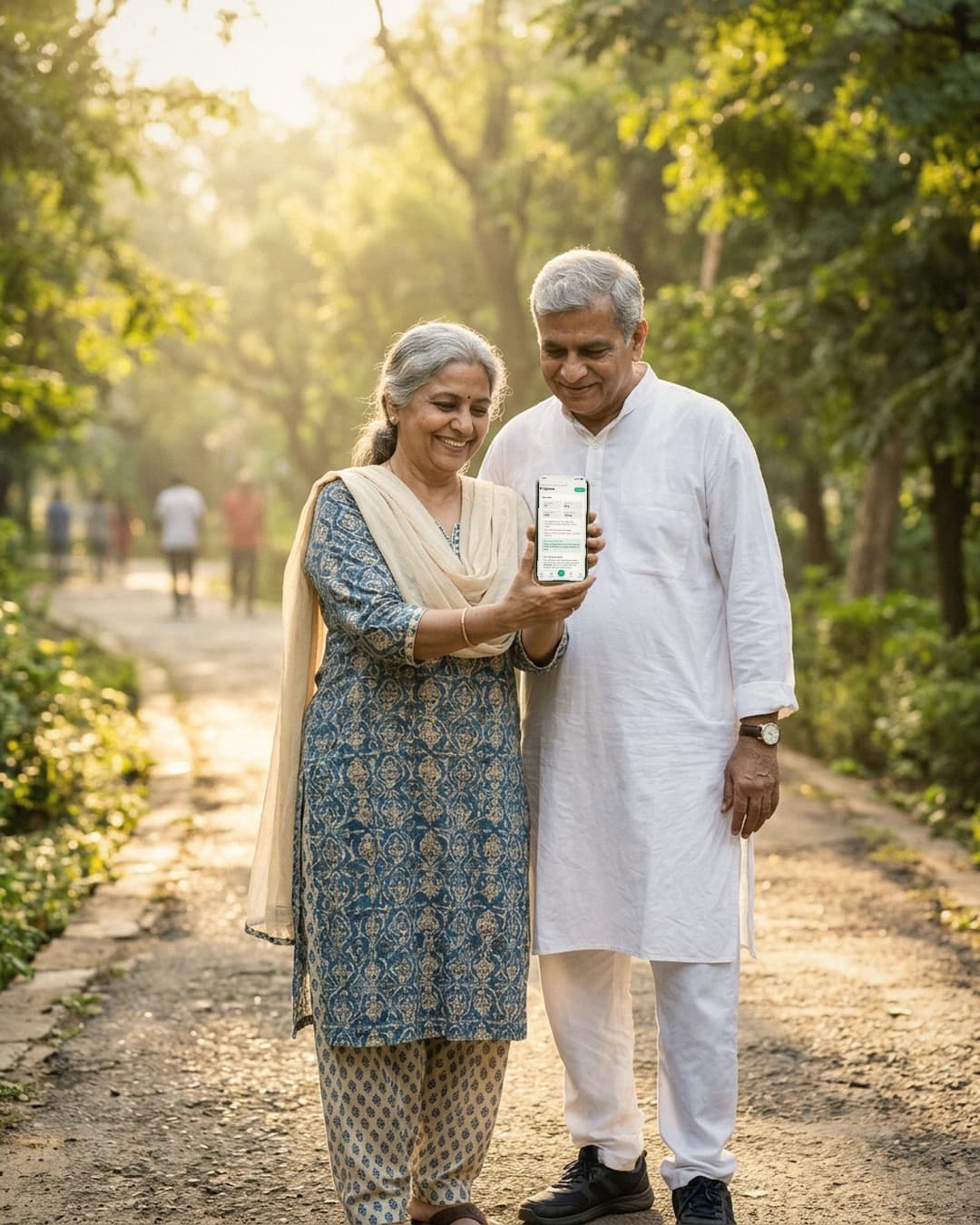 An older couple on a morning walk in a park look at their weekly progress on a phone.
